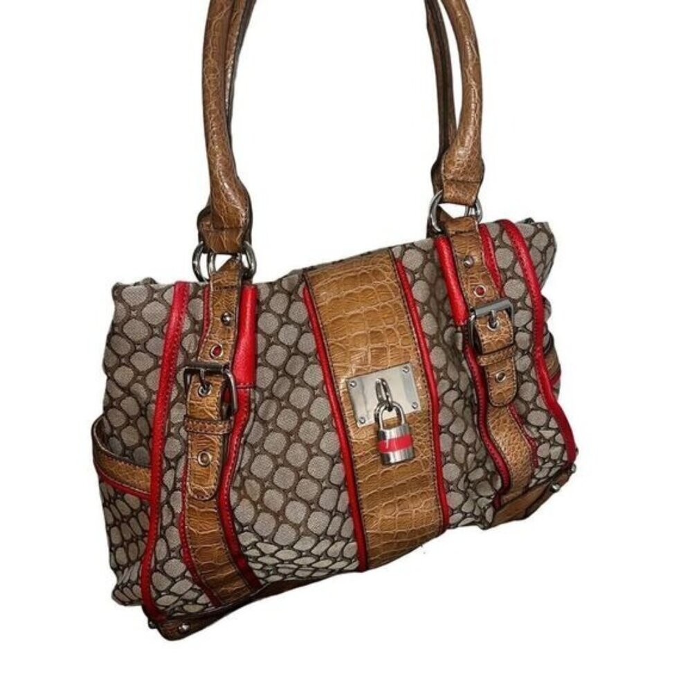 Brown &‎ Red Circle Printed Shoulder Bag With Faux Croc Leather Straps & Padlock